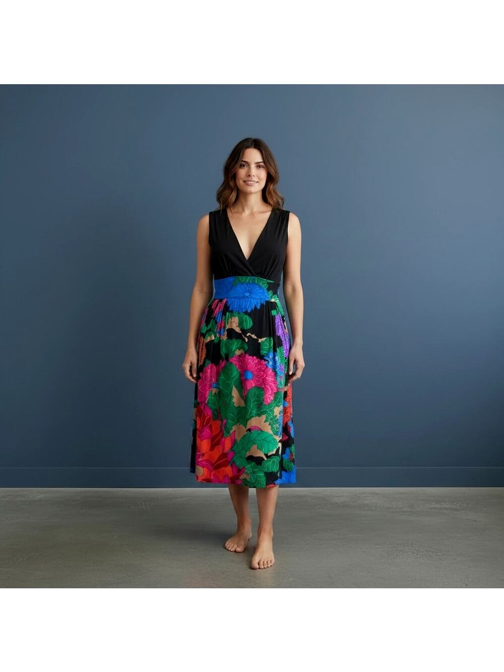 Vivienne Tam Vintage Floral Midi Dress Plunge Neck Nylon Mesh Hong Kong Sz 0